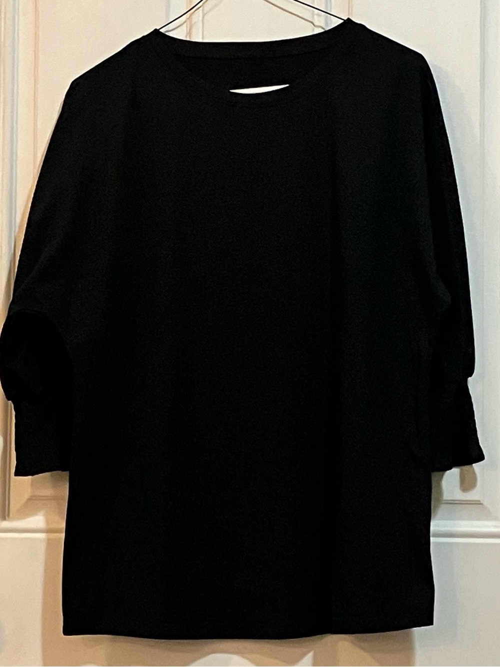 Black Crewneck Blouse- Three Quarter Sleeve Smocked Cuff- Size S